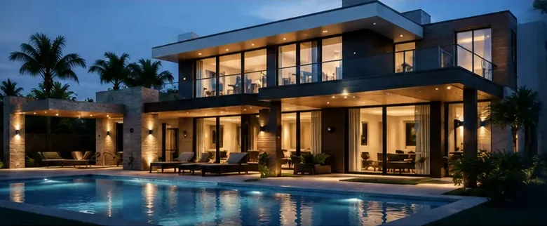 Residencia moderna con piscina iluminada (imagen ilustrativa)